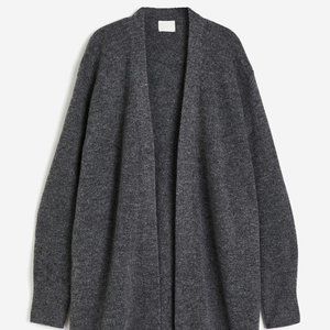 H&M Open Front Long Knit Cardigan Dark Grey Melange Wool Blend Sweater Cuffs